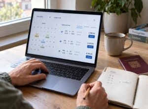 Vyhledávání levných letenek na notebooku s kalendářem cen