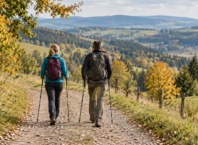 Co promyslet před podzimní túrou do kopců Dvojice turistů s batohy a holemi na podzimní túře do kopců